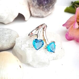 925 Ring 💙💙 2 Hearts Aqua Marine Blue Facetted Stones, Silver